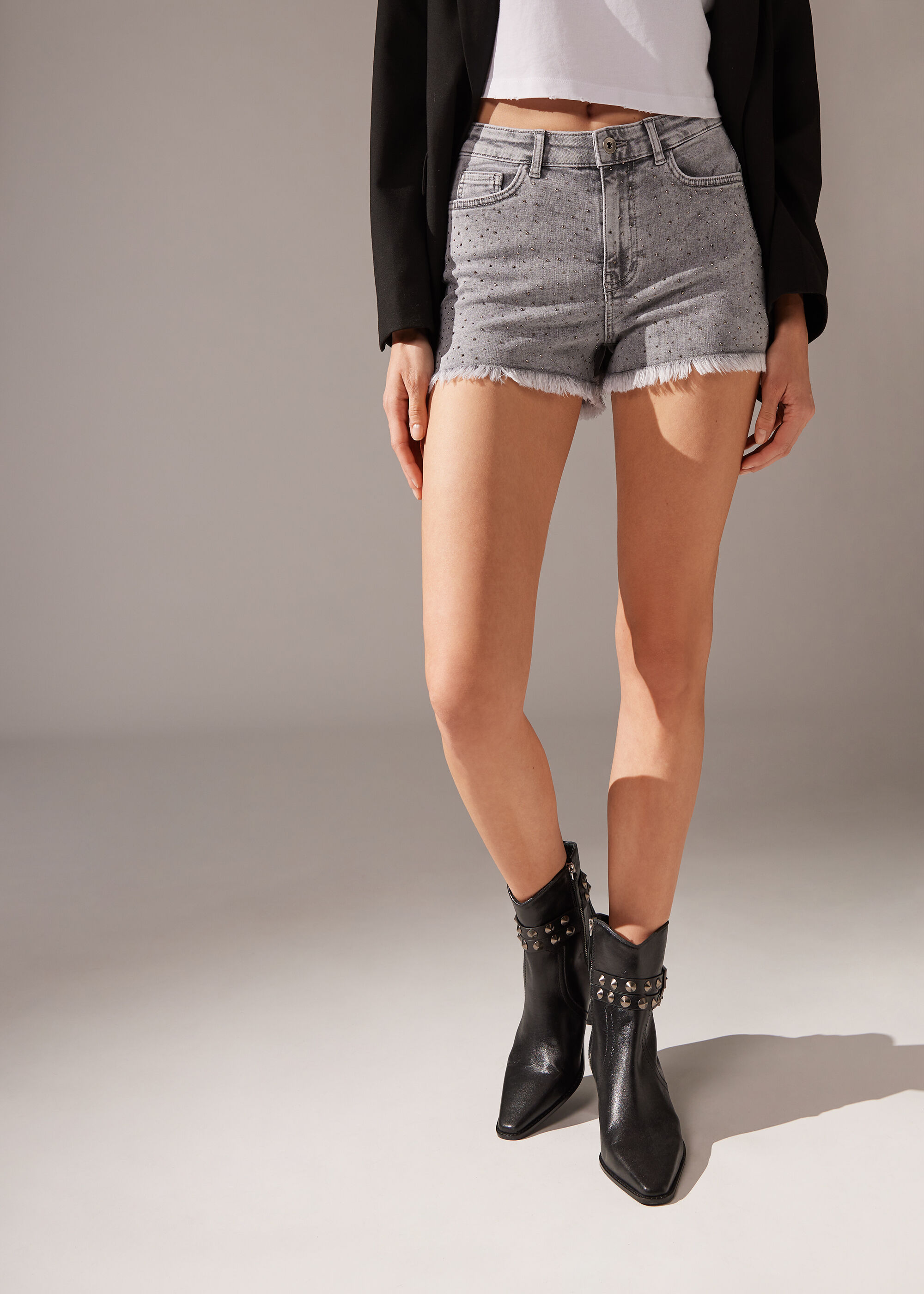 Denim Shorts with Diamanté Appliqué Details