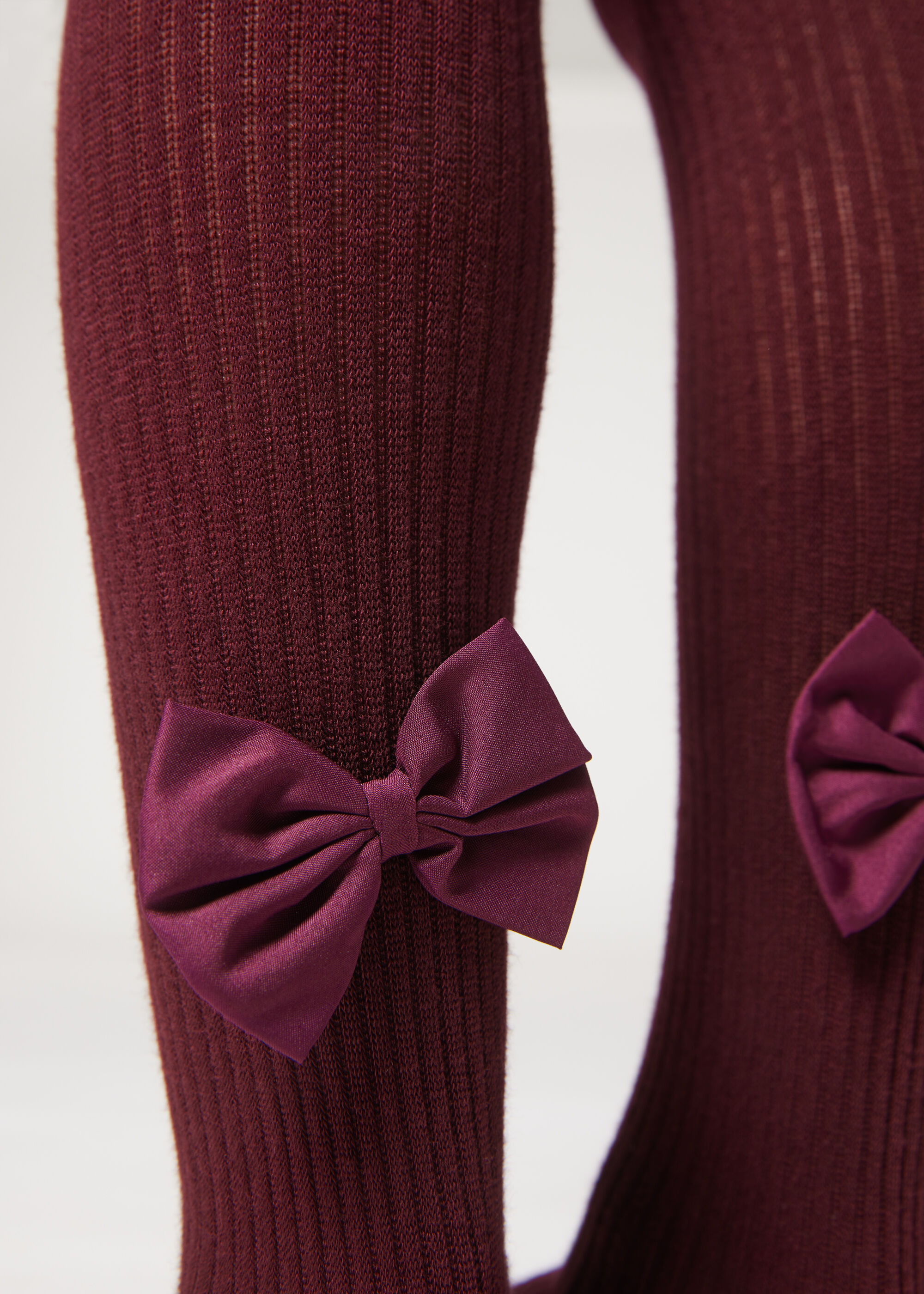 Collants em Algodão Canelado com Laço de Menina